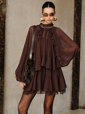 Commense Chocolate Brown Ruffle Tiered Mini Dress